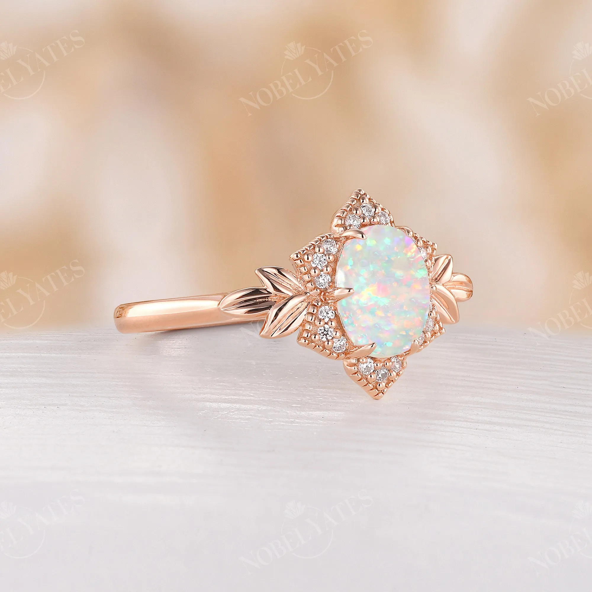 Floral Oval Opal Halo Engagement Ring Leaf Rose Gold