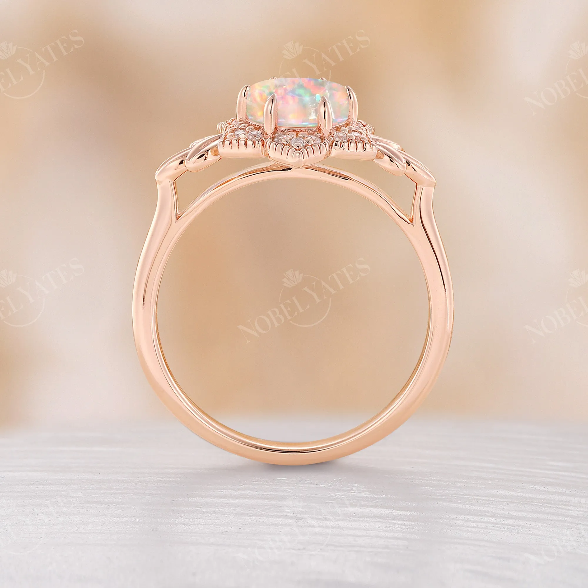 Floral Oval Opal Halo Engagement Ring Leaf Rose Gold