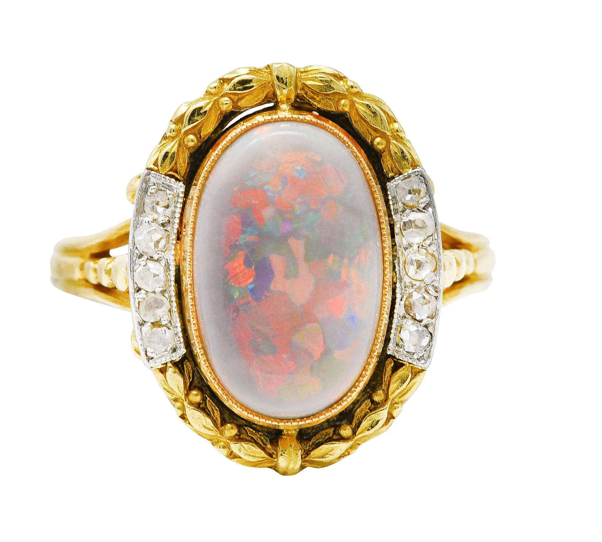 French Victorian Opal Diamond Platinum-Topped 18 Karat Yellow Gold Laurel Antique Ring