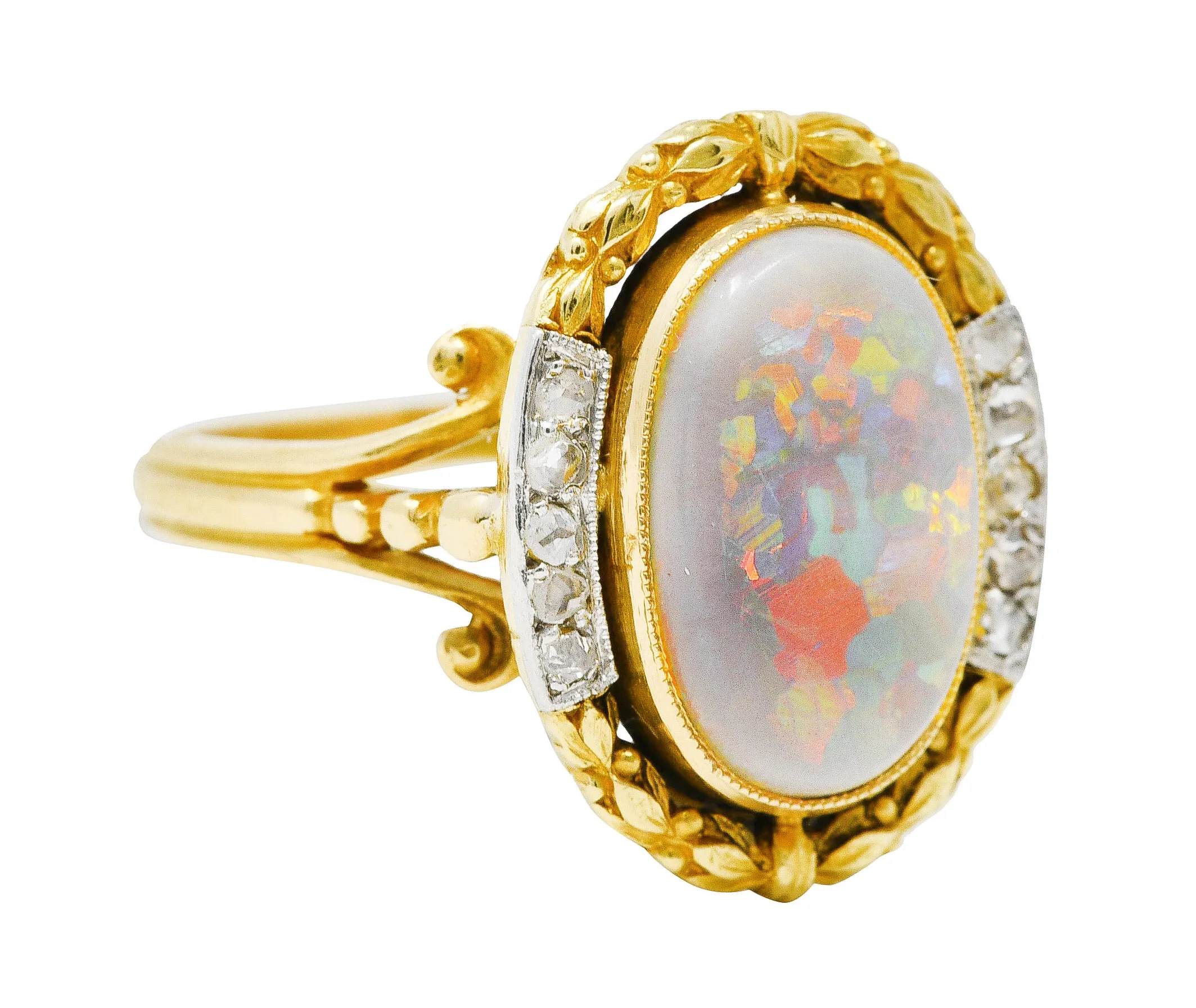 French Victorian Opal Diamond Platinum-Topped 18 Karat Yellow Gold Laurel Antique Ring