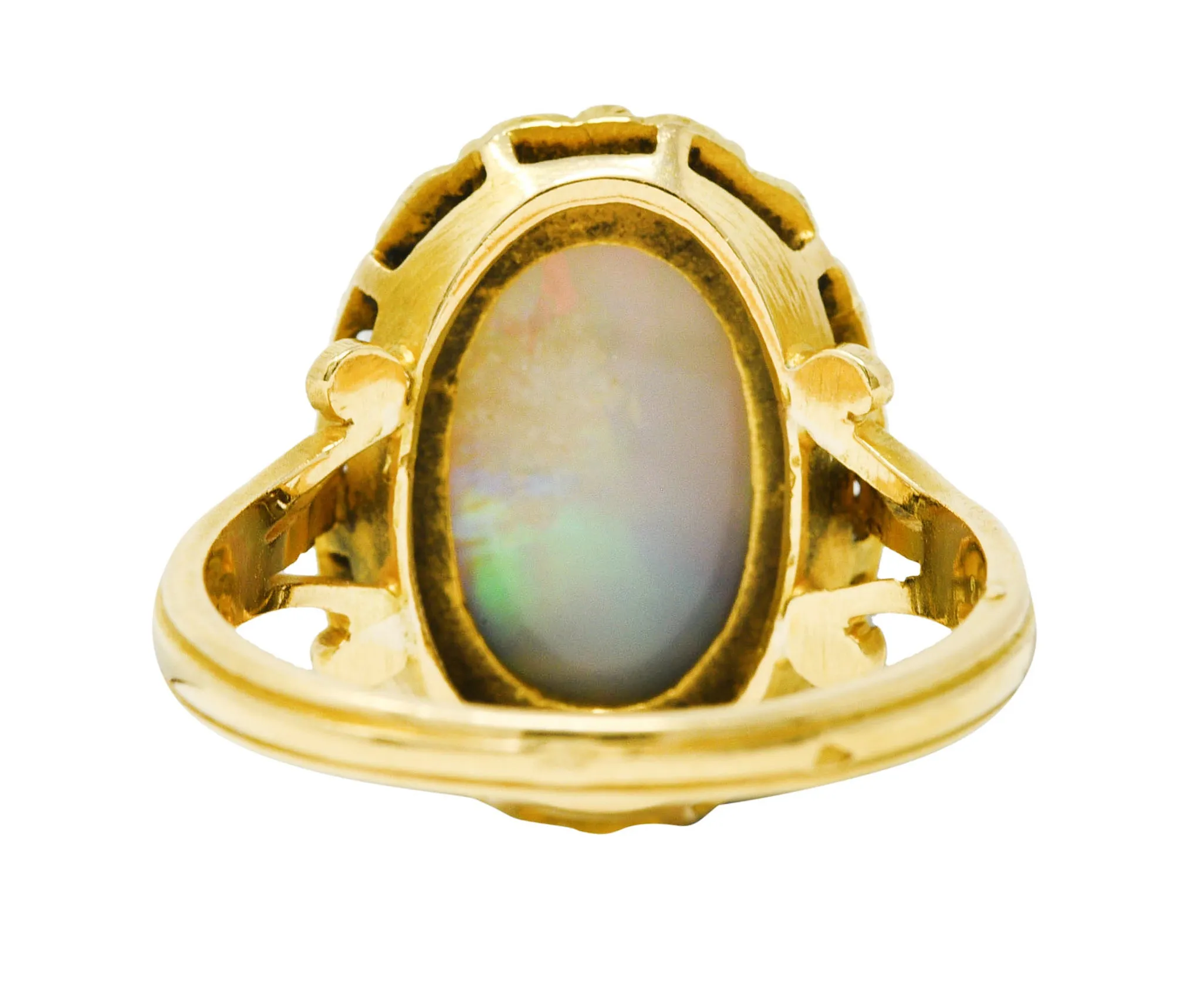 French Victorian Opal Diamond Platinum-Topped 18 Karat Yellow Gold Laurel Antique Ring