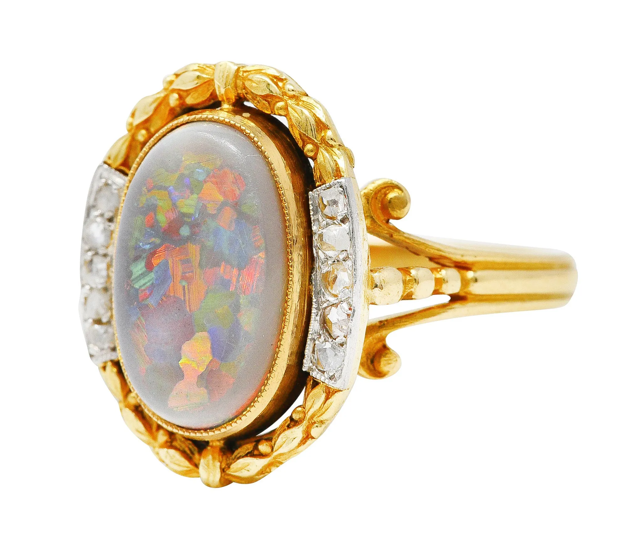 French Victorian Opal Diamond Platinum-Topped 18 Karat Yellow Gold Laurel Antique Ring