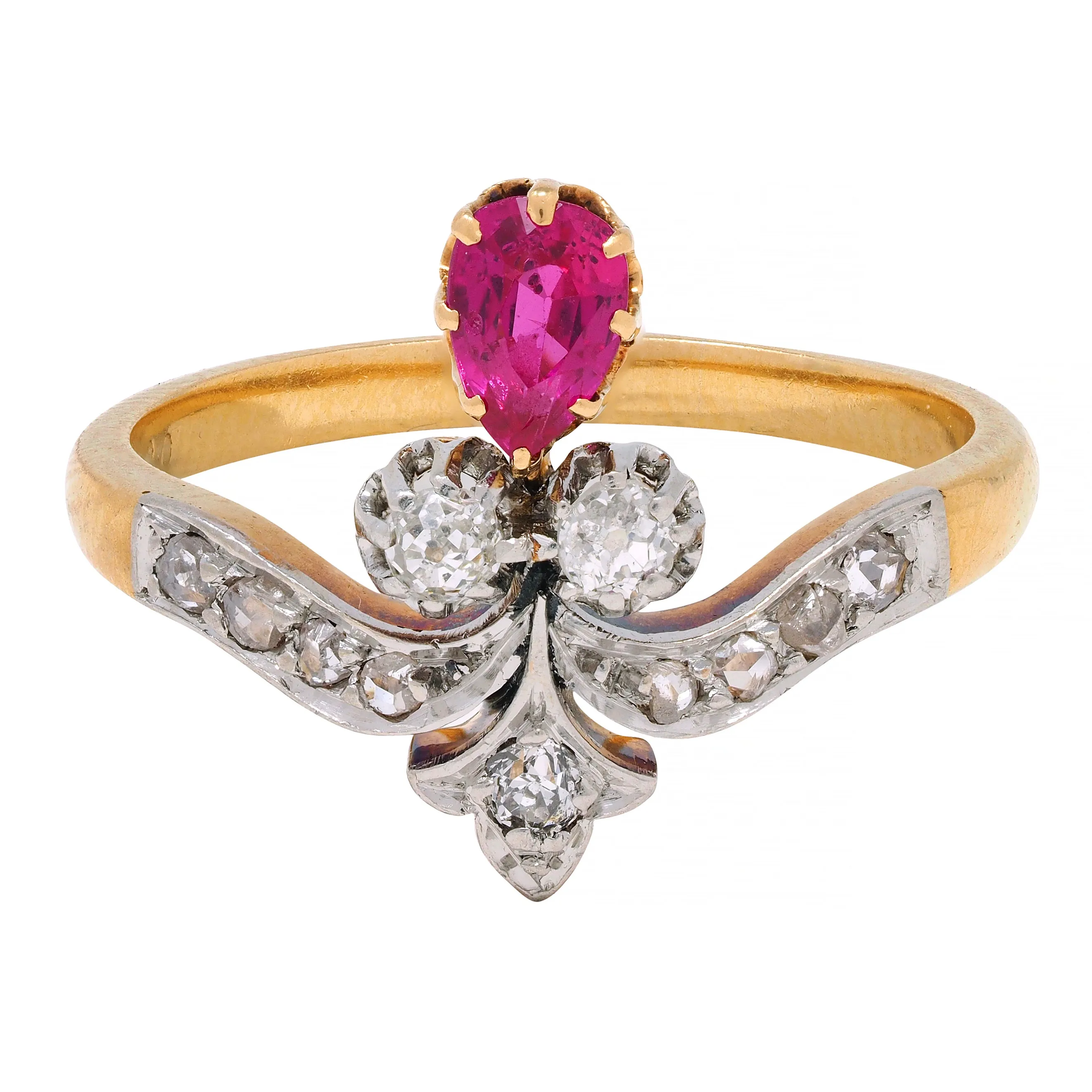 French Victorian Ruby Diamond Platinum 18 Karat Yellow Gold Fleur-De-Lis Antique Ring