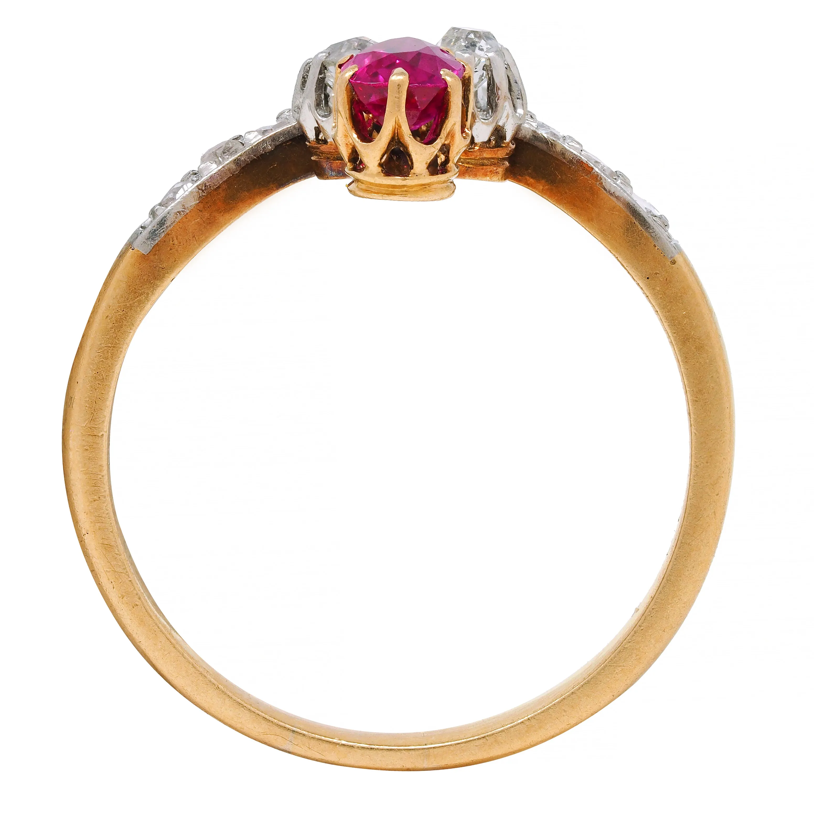 French Victorian Ruby Diamond Platinum 18 Karat Yellow Gold Fleur-De-Lis Antique Ring