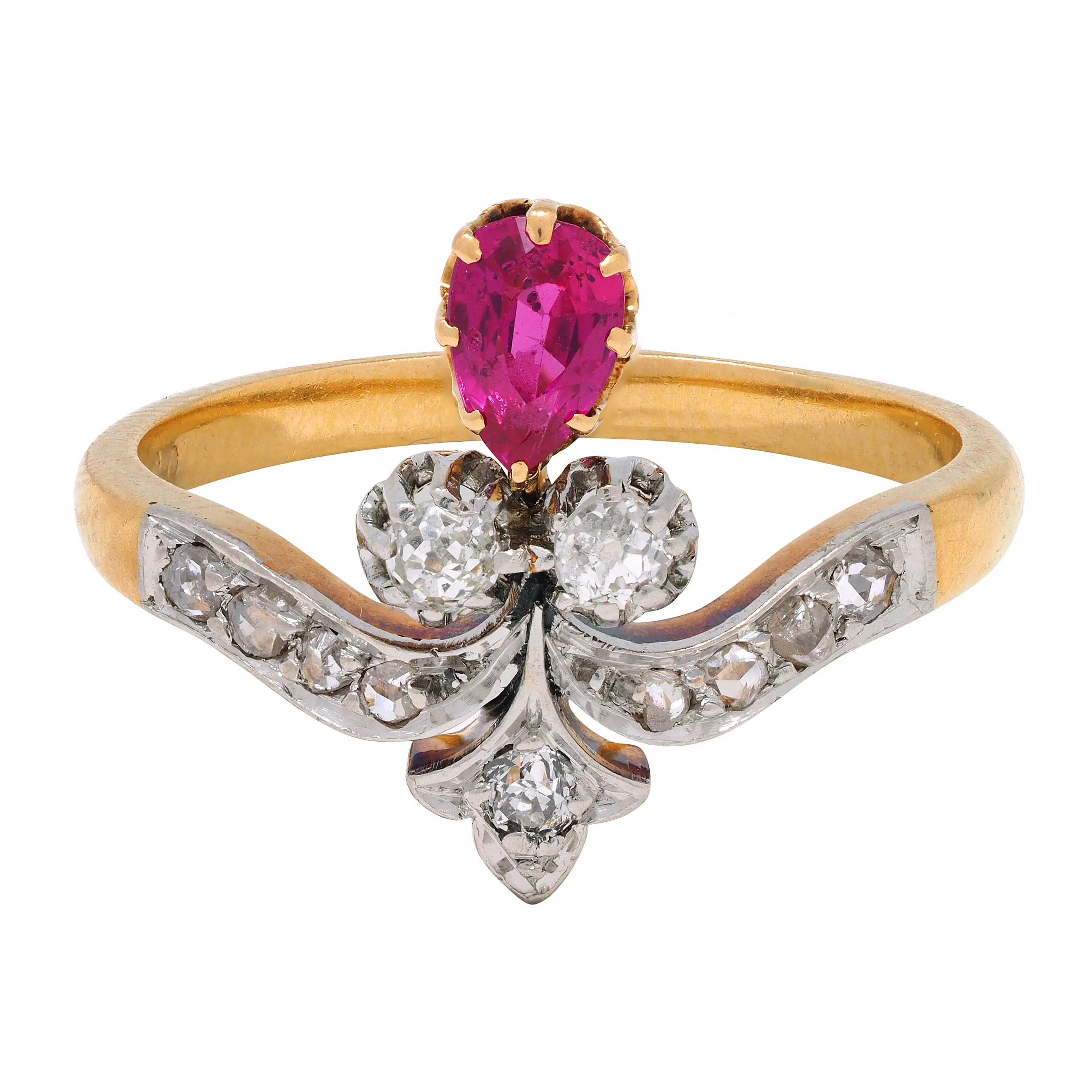 French Victorian Ruby Diamond Platinum 18 Karat Yellow Gold Fleur-De-Lis Antique Ring