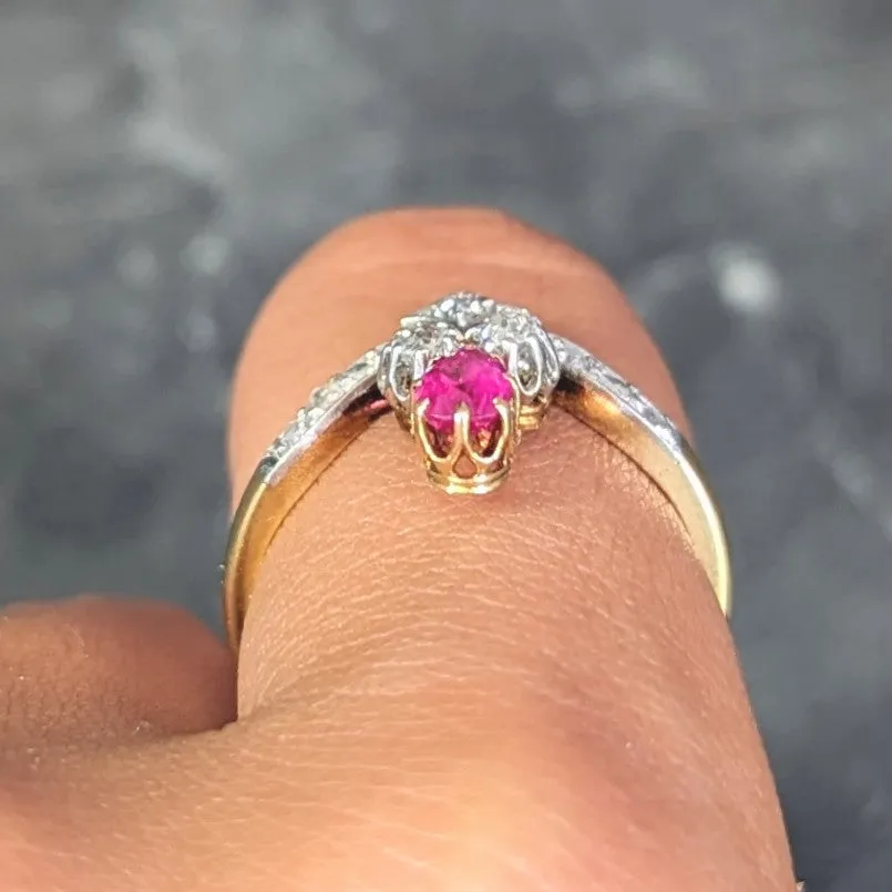 French Victorian Ruby Diamond Platinum 18 Karat Yellow Gold Fleur-De-Lis Antique Ring