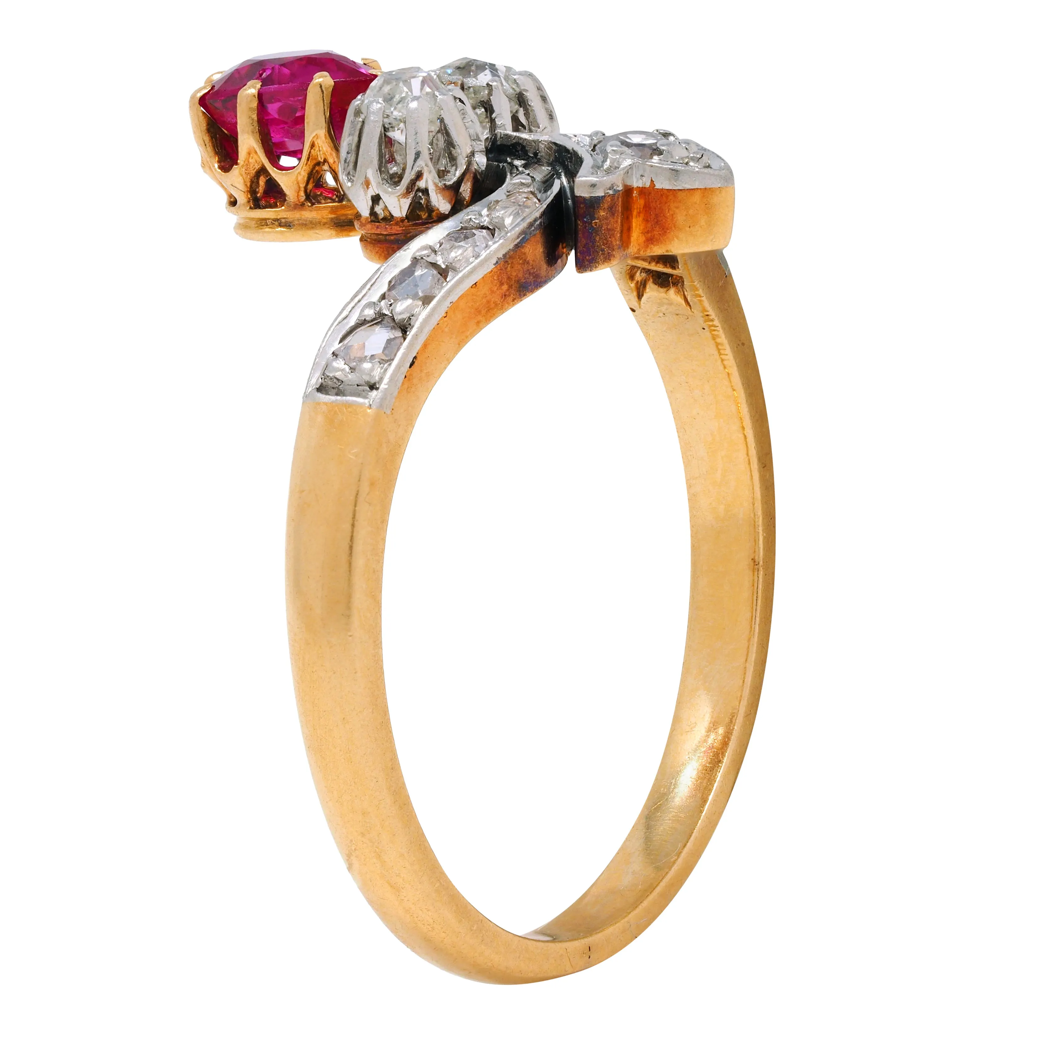 French Victorian Ruby Diamond Platinum 18 Karat Yellow Gold Fleur-De-Lis Antique Ring