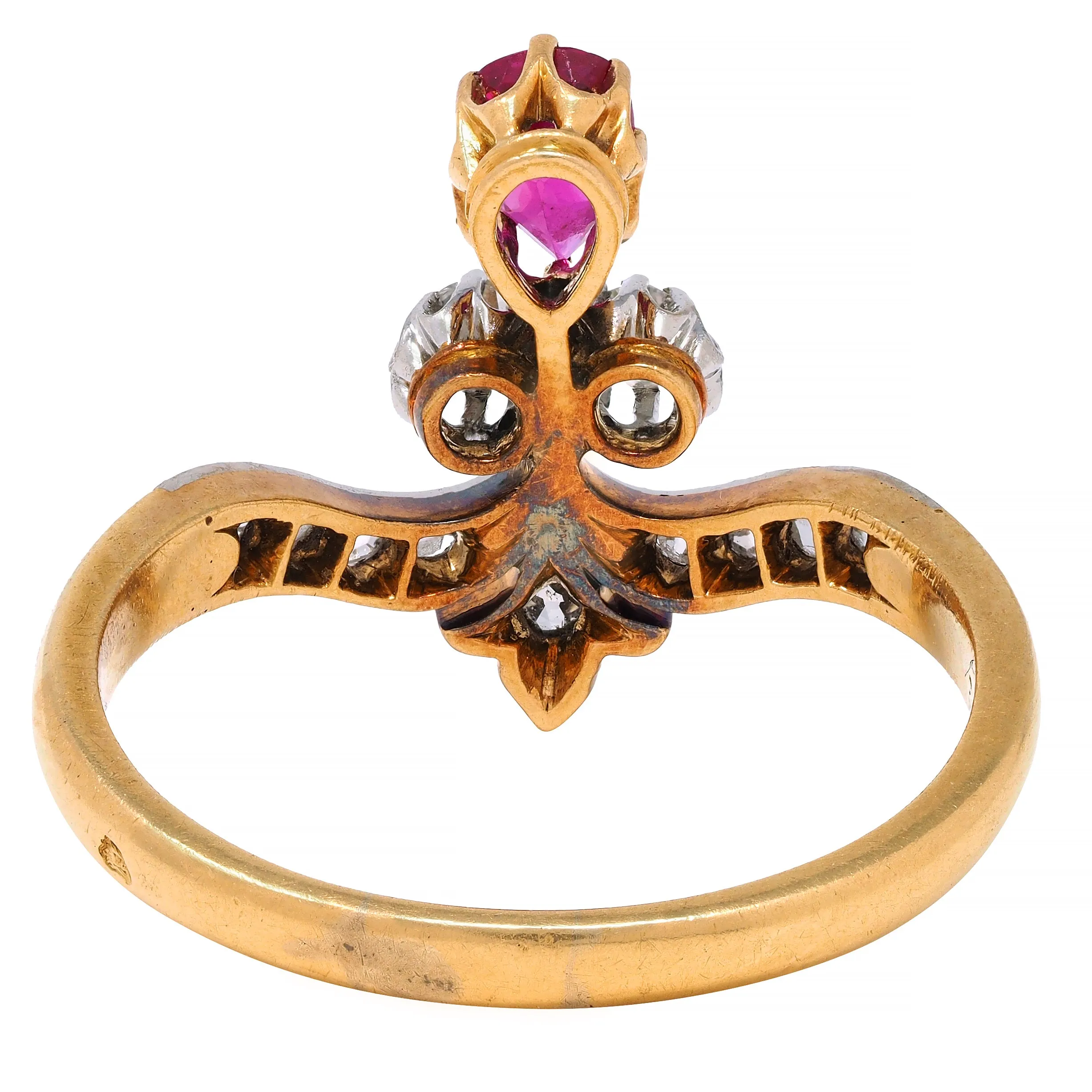 French Victorian Ruby Diamond Platinum 18 Karat Yellow Gold Fleur-De-Lis Antique Ring