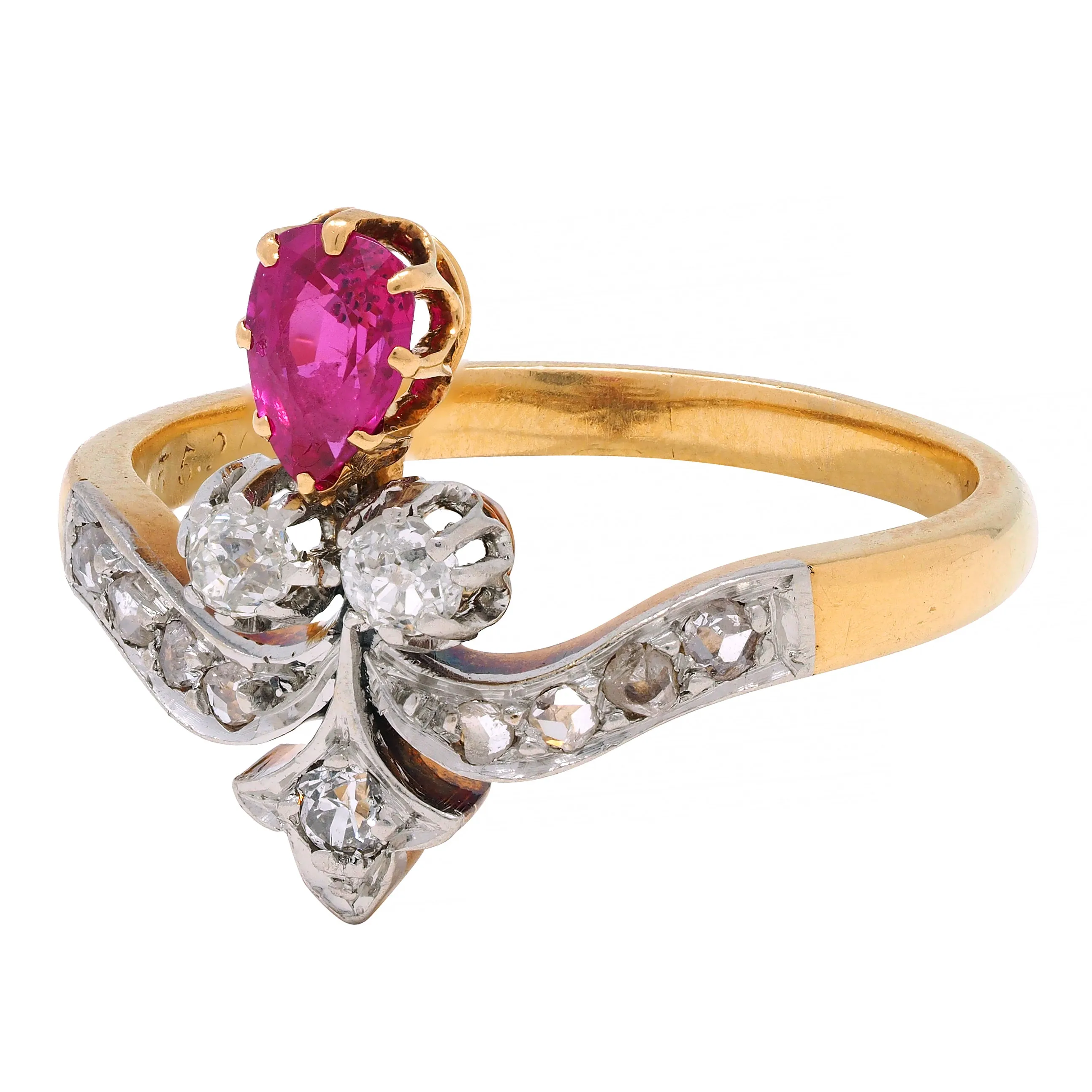 French Victorian Ruby Diamond Platinum 18 Karat Yellow Gold Fleur-De-Lis Antique Ring