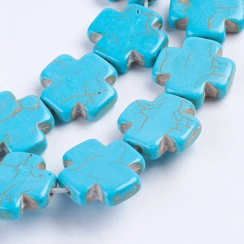 Gemstone Beads, Cross, Imitation Turquoise, Dyed & Heated, Deep Sky Blue, 15mm