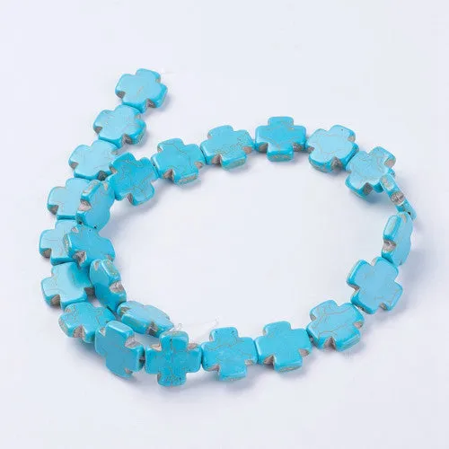 Gemstone Beads, Cross, Imitation Turquoise, Dyed & Heated, Deep Sky Blue, 15mm