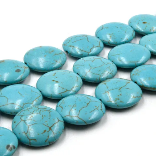 Gemstone Beads, Howlite, Magnesite, Natural, Round, Puffy Coin, (Dyed), Turquoise, 20mm