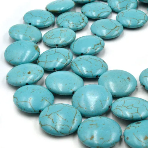 Gemstone Beads, Howlite, Magnesite, Natural, Round, Puffy Coin, (Dyed), Turquoise, 20mm