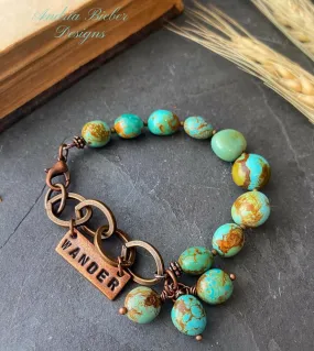 Genuine turquoise stone, large chain, wander charm, bracelet