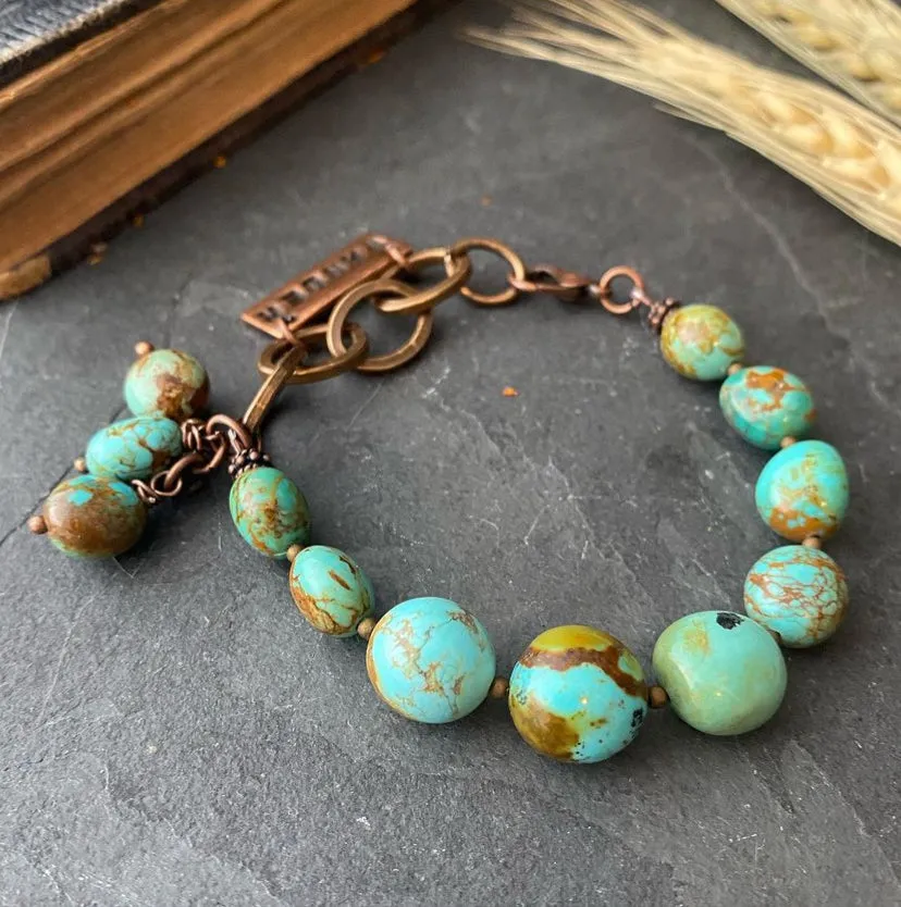 Genuine turquoise stone, large chain, wander charm, bracelet