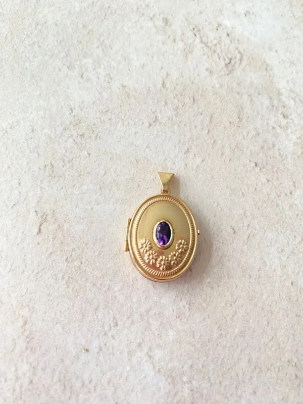 Gold Oval Locket with Amethyst and Embossed Flowers