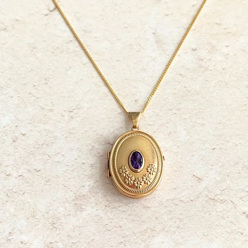 Gold Oval Locket with Amethyst and Embossed Flowers