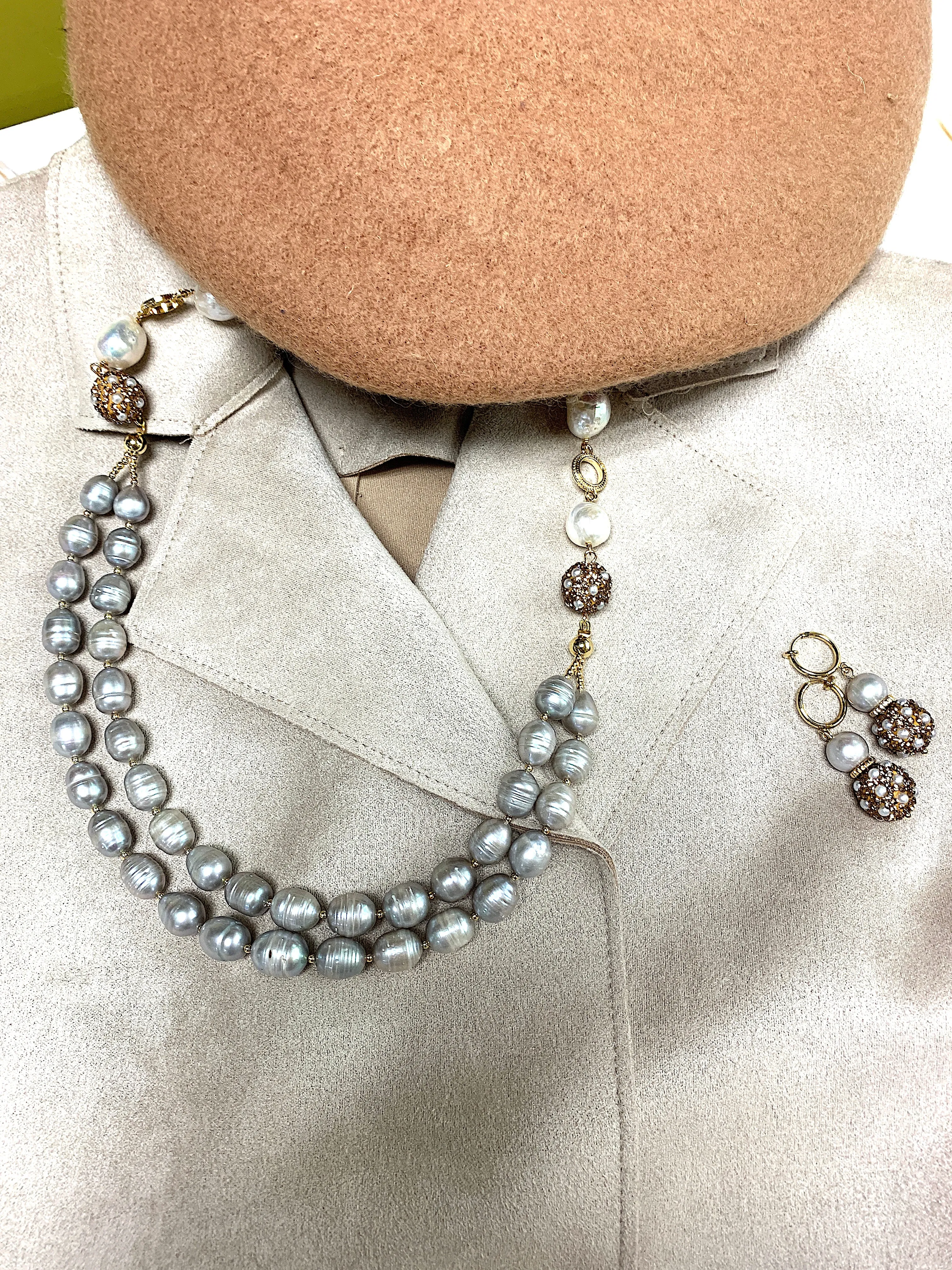 Gray Freshwater Pearls Double Strands Necklace FN023