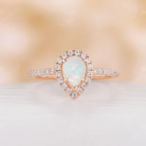 Halo Pear Opal Engagement Ring Moissanite Pave Rose Gold