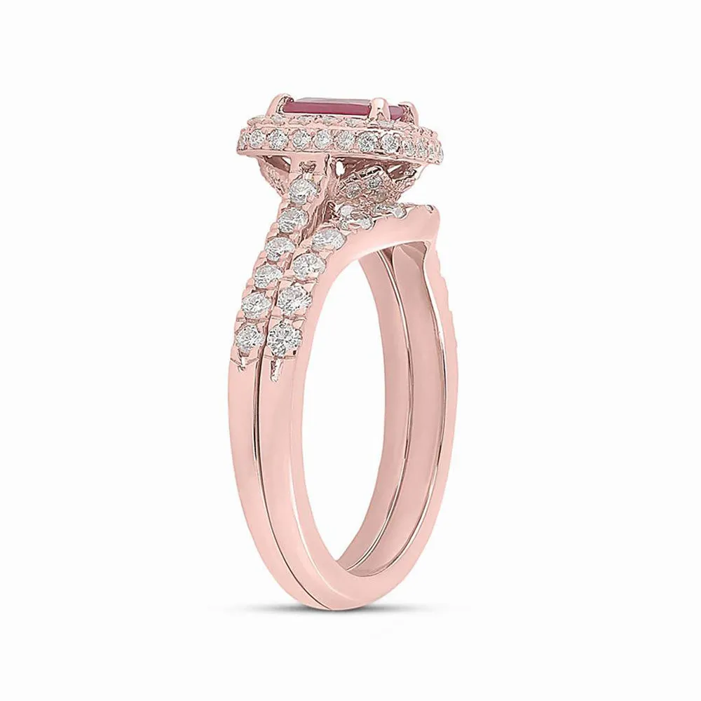 Keene Jewelers 14kt Rose Gold Womens Emerald-cut Ruby Solitaire Bridal Wedding Ring Band Set 1-3/8 Cttw