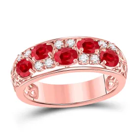 Keene Jewelers 14kt Rose Gold Womens Oval Ruby Diamond Alternating Band Ring 1-1/5 Cttw