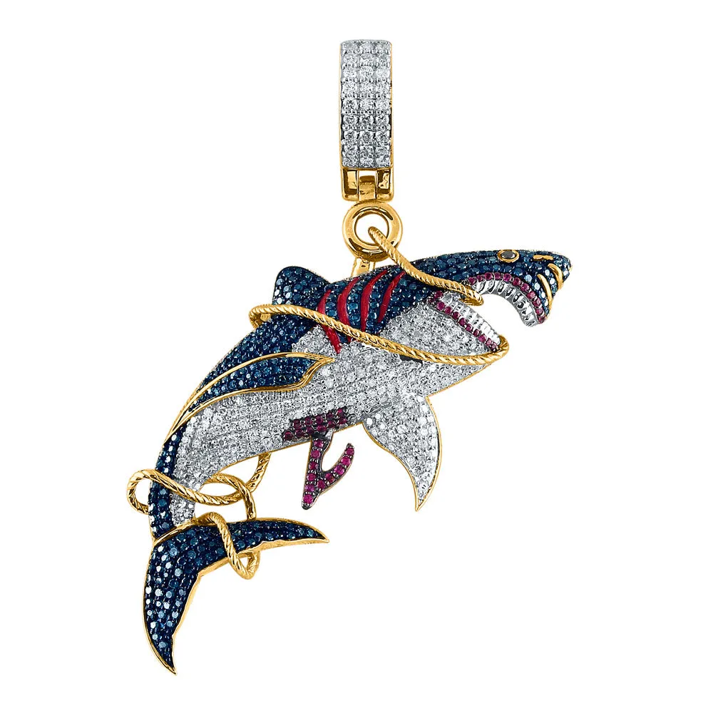 Keene Jewelers 14kt Yellow Gold Mens Round Ruby Diamond Shark Charm Pendant 3-1/2 Cttw