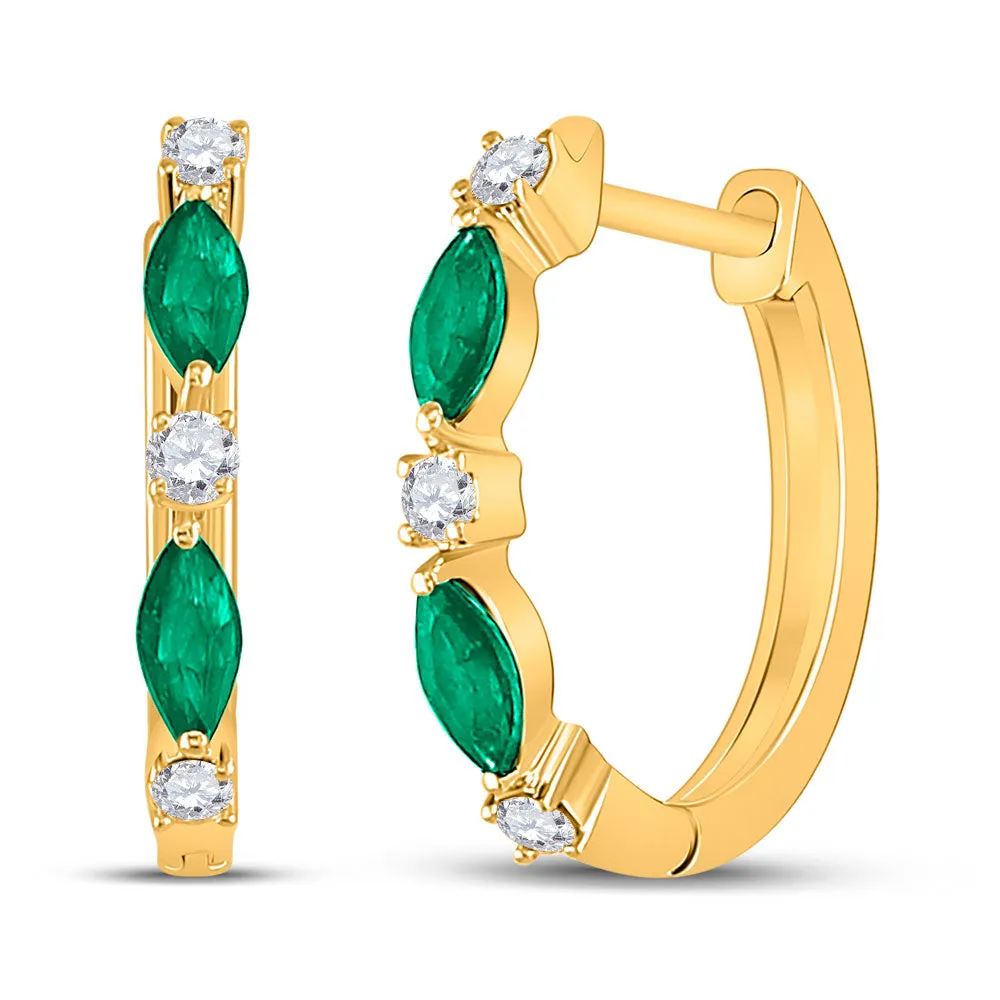 Keene Jewelers 14kt Yellow Gold Womens Marquise Emerald Fashion Diamond Hoop Earrings 3/8 Cttw