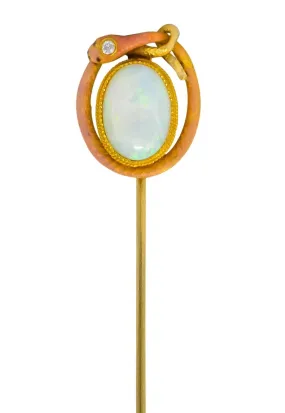 Krementz Late Victorian Diamond Opal Enamel 14 Karat Gold Stickpin