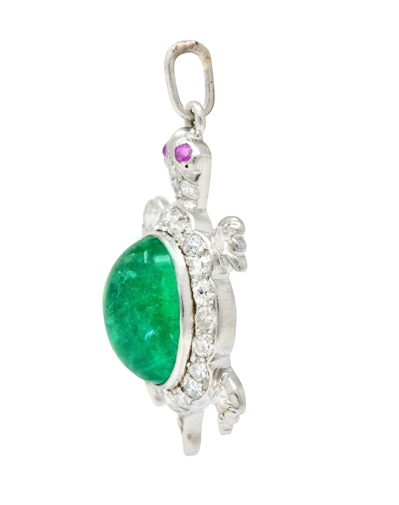 Large Art Deco Emerald Diamond Ruby Platinum Cute Turtle Charm