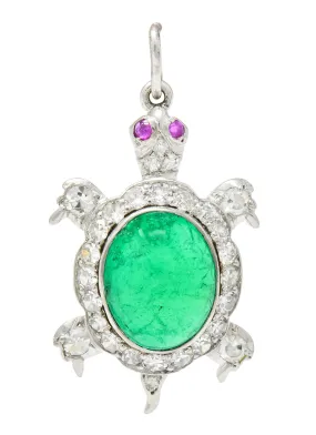 Large Art Deco Emerald Diamond Ruby Platinum Cute Turtle Charm