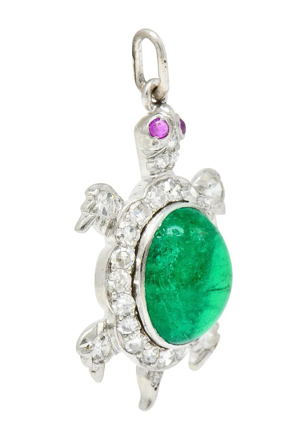 Large Art Deco Emerald Diamond Ruby Platinum Cute Turtle Charm