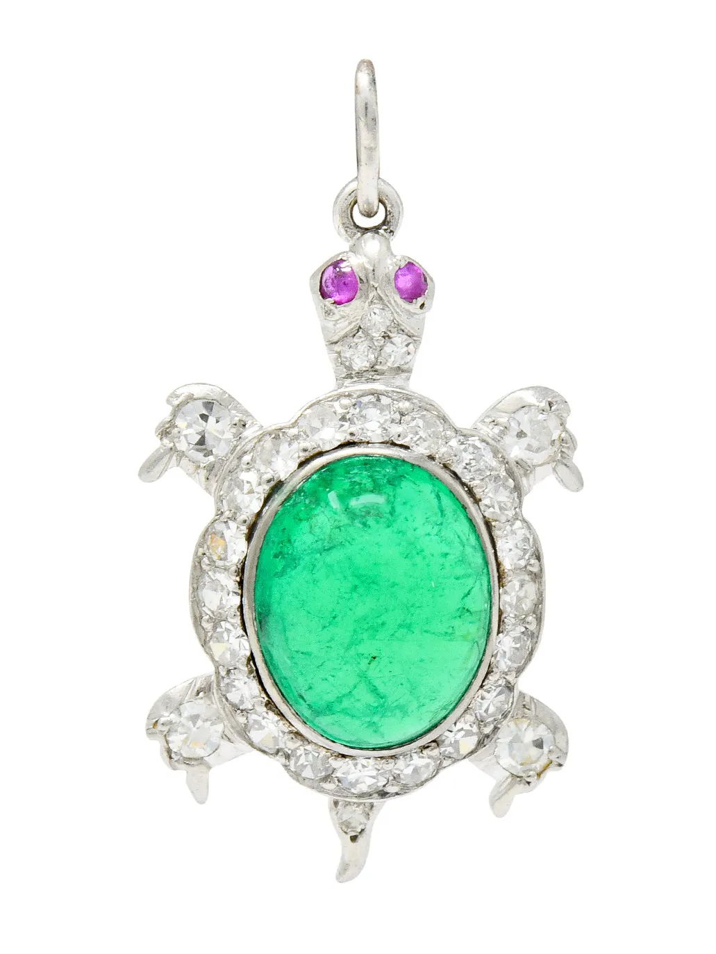 Large Art Deco Emerald Diamond Ruby Platinum Cute Turtle Charm