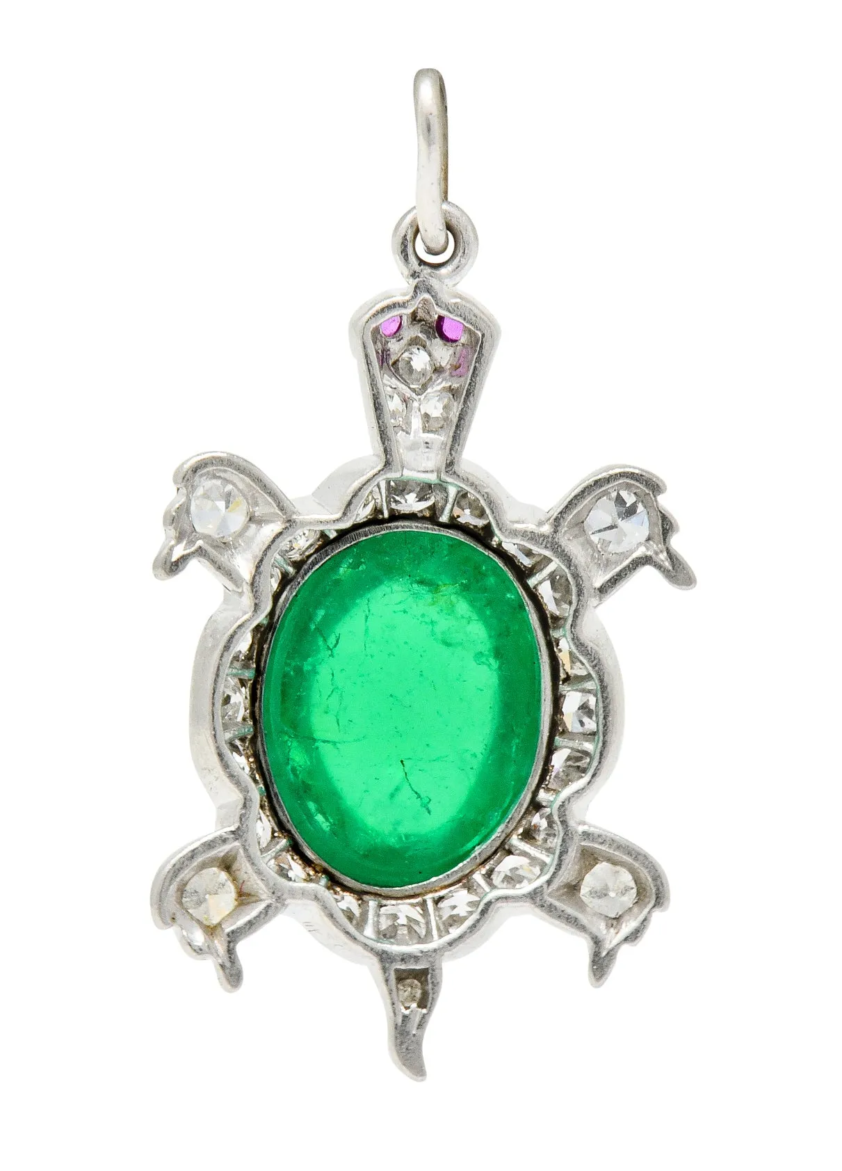 Large Art Deco Emerald Diamond Ruby Platinum Cute Turtle Charm