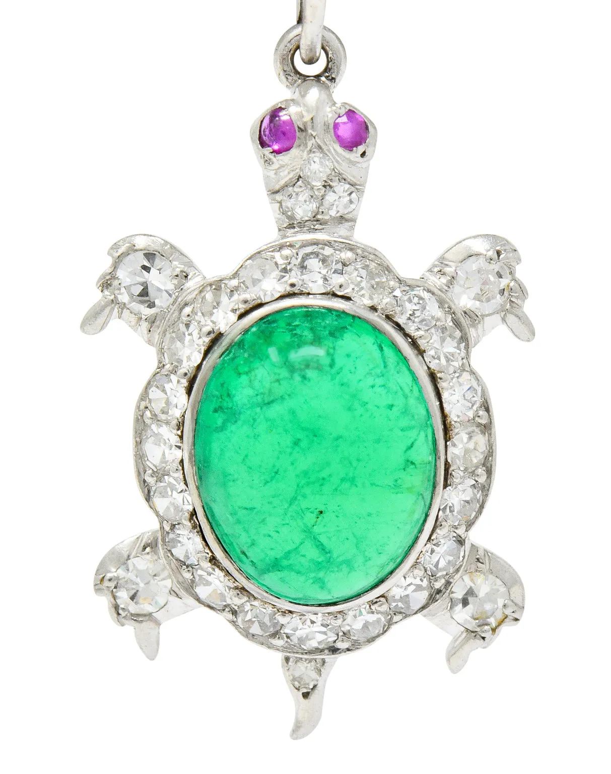 Large Art Deco Emerald Diamond Ruby Platinum Cute Turtle Charm