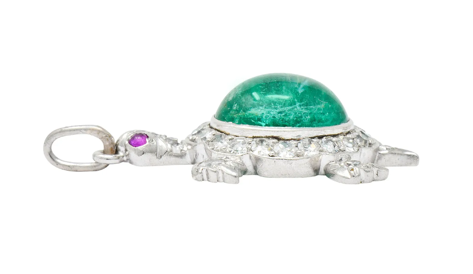 Large Art Deco Emerald Diamond Ruby Platinum Cute Turtle Charm