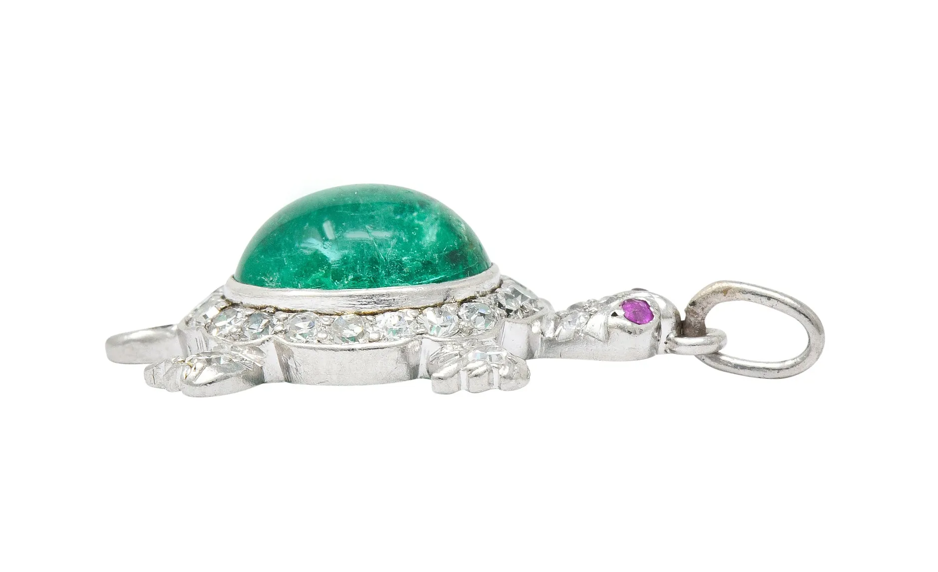 Large Art Deco Emerald Diamond Ruby Platinum Cute Turtle Charm