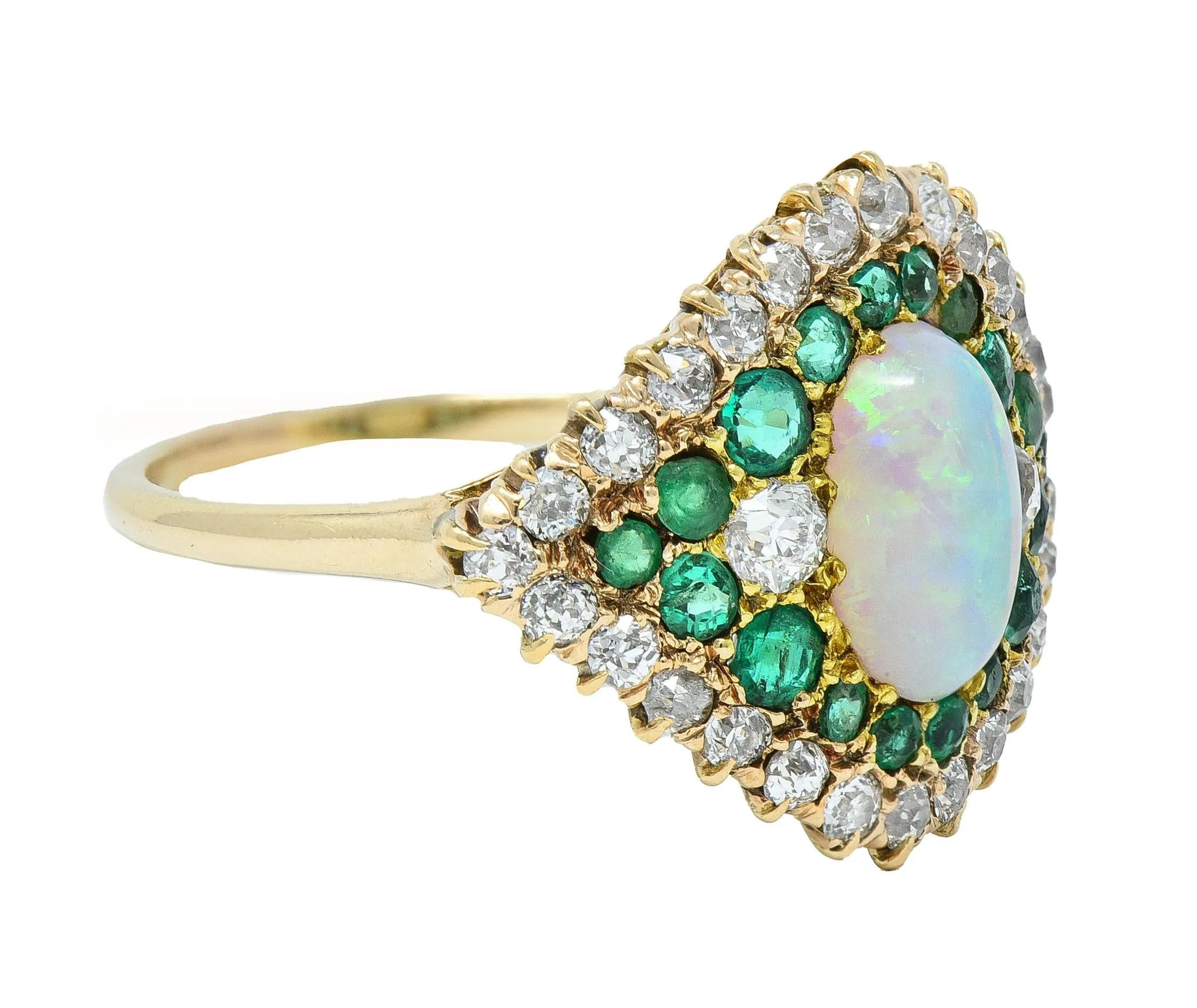 Late Victorian 1.16 CTW Opal Diamond Emerald 14 Karat Gold Vintage Dinner Ring