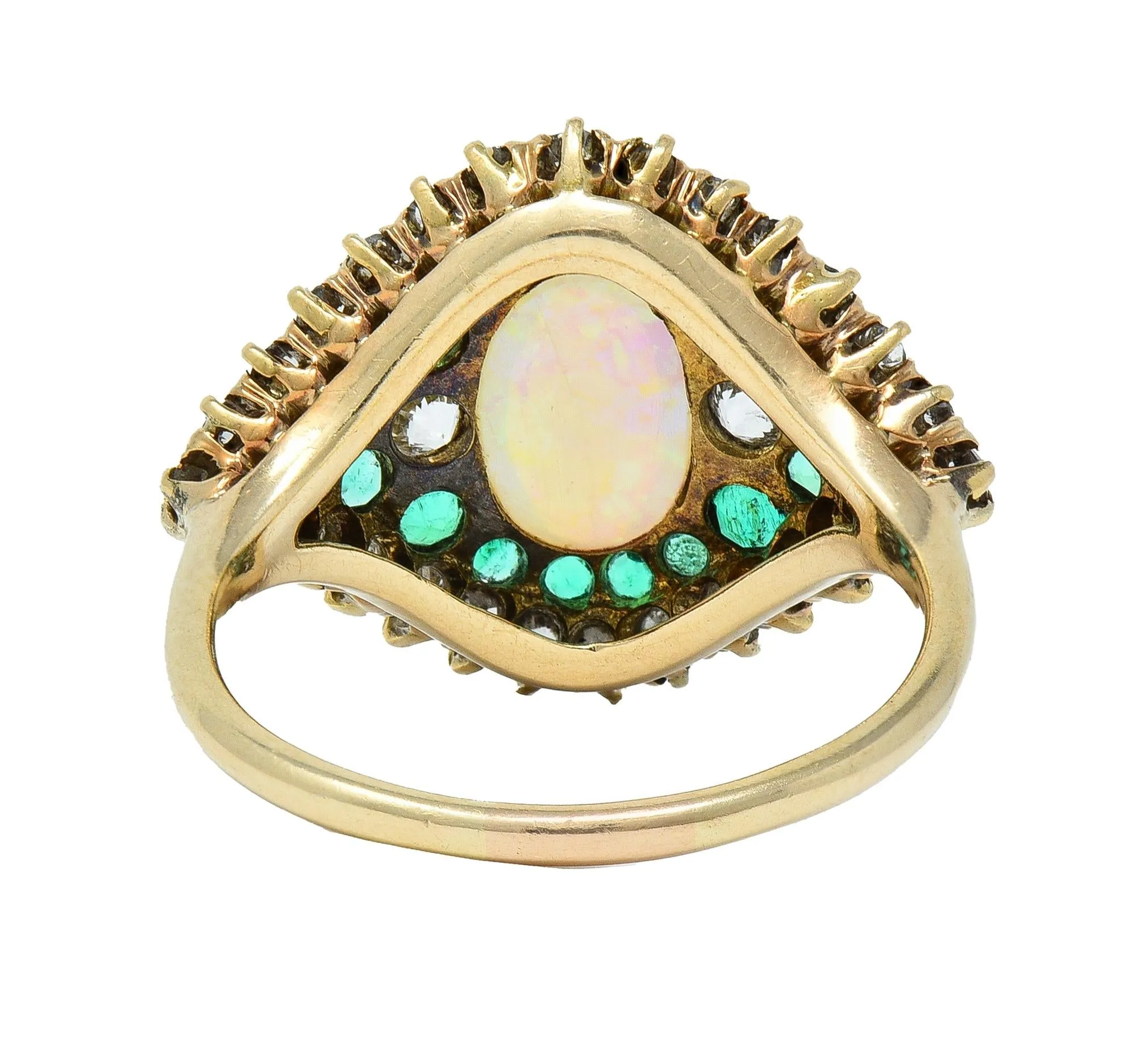 Late Victorian 1.16 CTW Opal Diamond Emerald 14 Karat Gold Vintage Dinner Ring