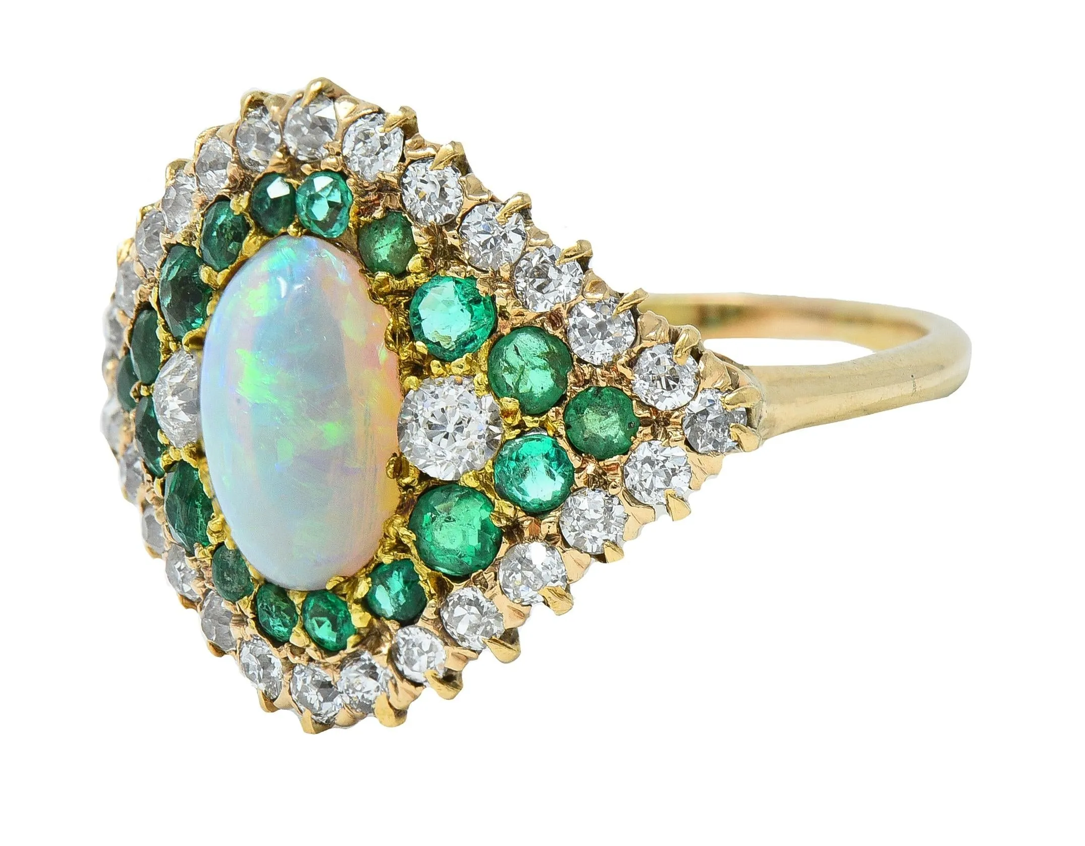 Late Victorian 1.16 CTW Opal Diamond Emerald 14 Karat Gold Vintage Dinner Ring