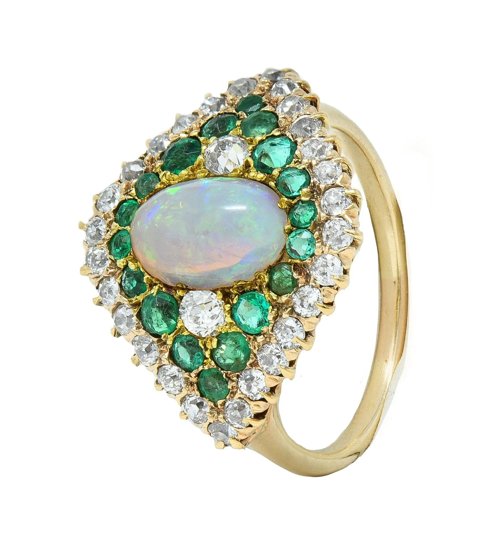 Late Victorian 1.16 CTW Opal Diamond Emerald 14 Karat Gold Vintage Dinner Ring