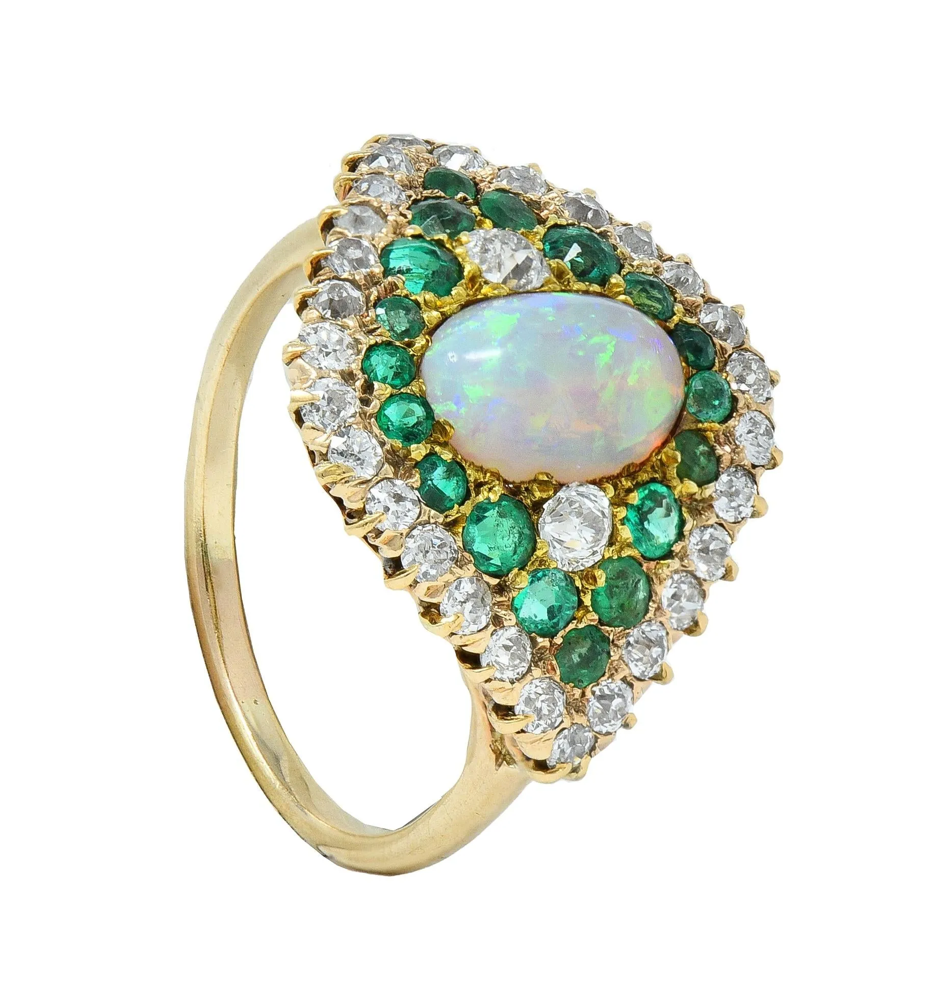 Late Victorian 1.16 CTW Opal Diamond Emerald 14 Karat Gold Vintage Dinner Ring