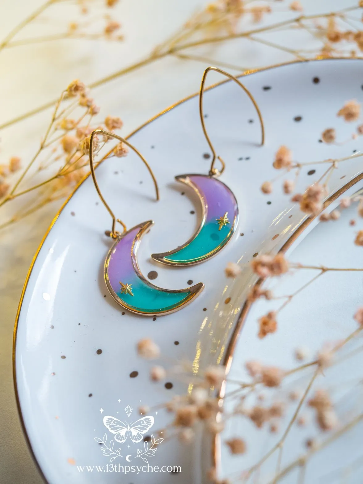 Lilac and turquoise dangle crescent moon earrings