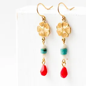 Long Flower Earrings with Turquoise Stones and Red Beads-WS