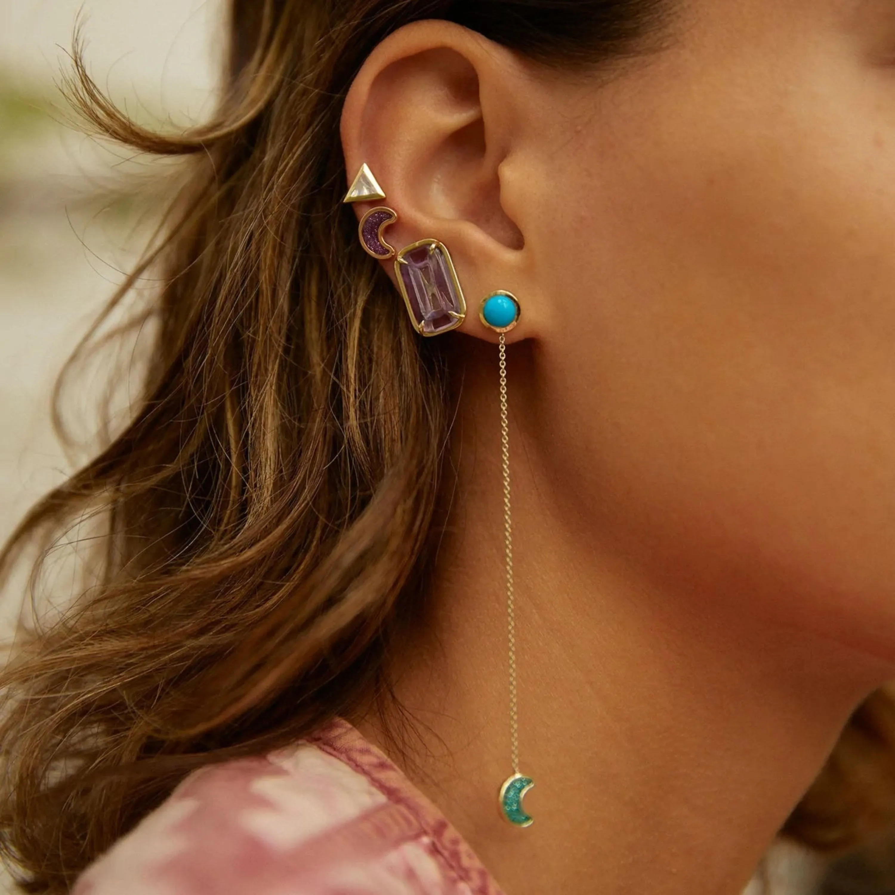 Luna sticker chain earrings yellow gold with enamel and turquoise