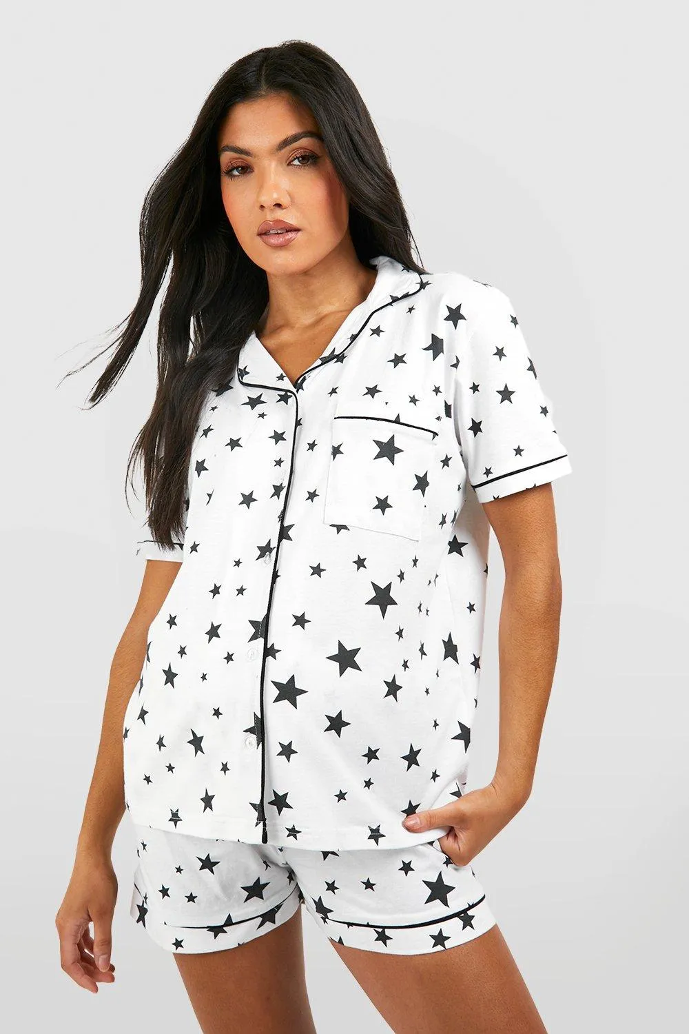 Maternity Star Print Pipe Detail Pajama Short Set