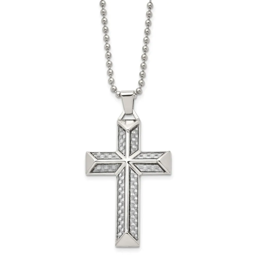 Mens Stainless Steel Gray Carbon Fiber Pyramid Cross Necklace, 24 Inch