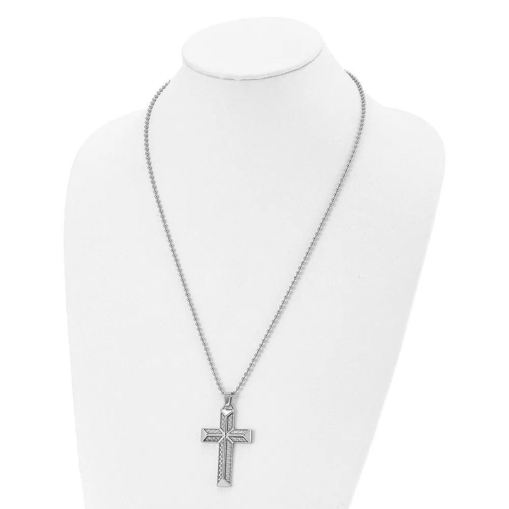 Mens Stainless Steel Gray Carbon Fiber Pyramid Cross Necklace, 24 Inch