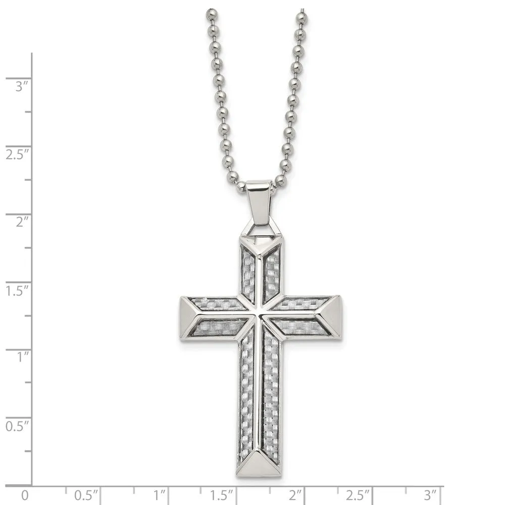 Mens Stainless Steel Gray Carbon Fiber Pyramid Cross Necklace, 24 Inch