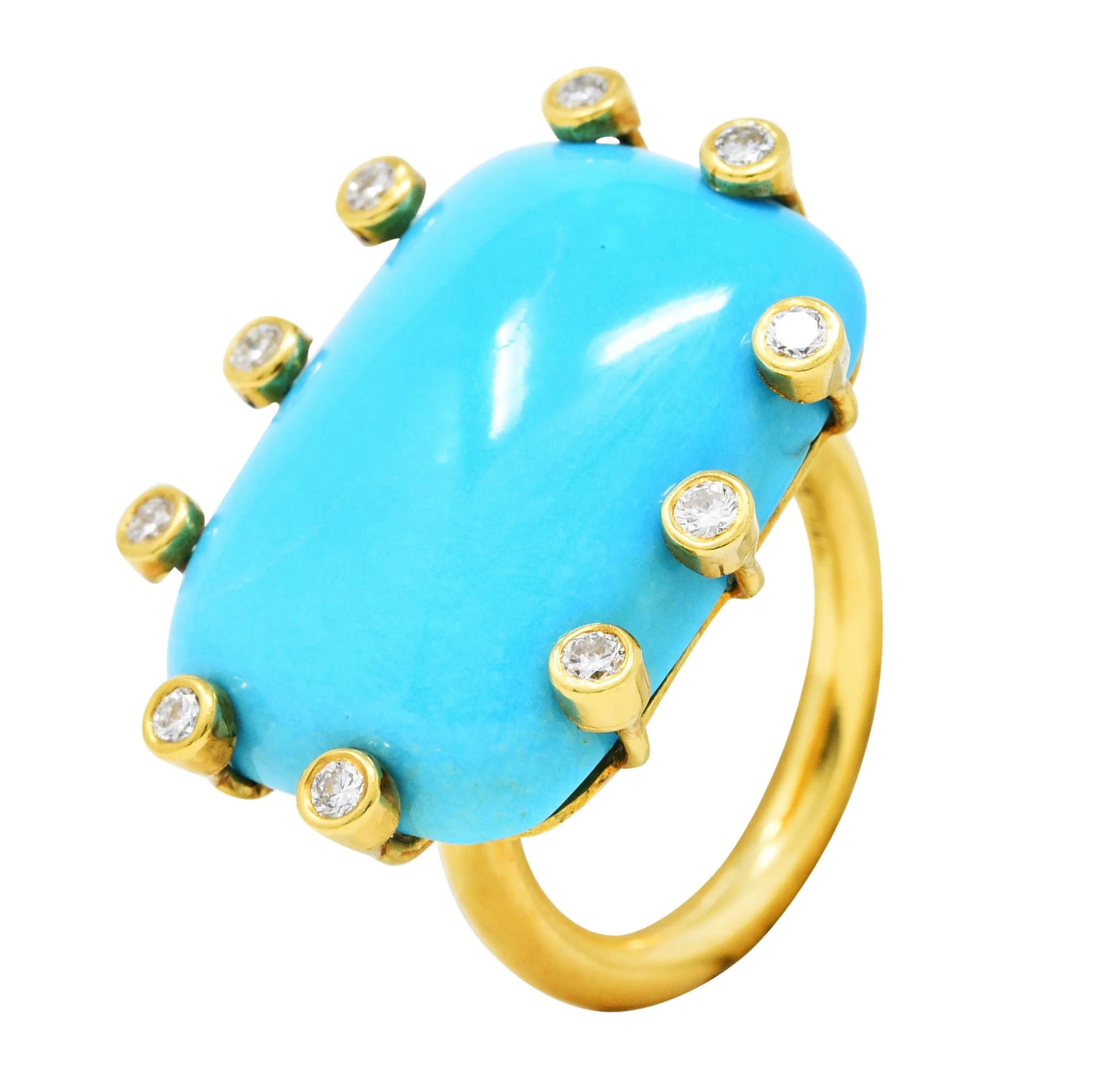 Modernist Turquoise Cabochon 0.30 CTW Diamond 18 Karat Gold Ring