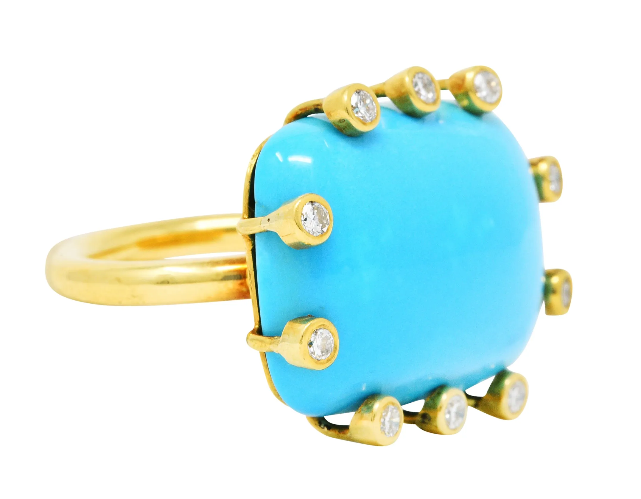 Modernist Turquoise Cabochon 0.30 CTW Diamond 18 Karat Gold Ring